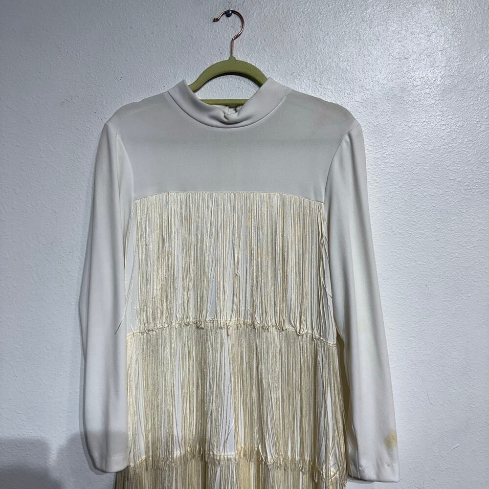 White Vintage Fringe Long Sleeve Maxi Dress Sz M - Picture 3 of 13